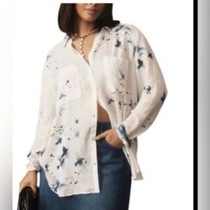 Pilcro Anthropologie Romy Relaxed Shirt in White with Blue Design Size M